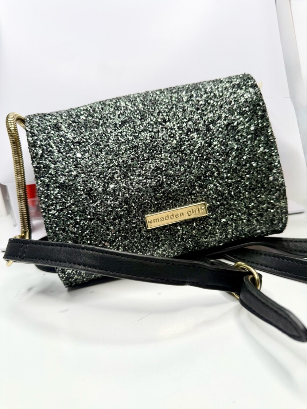 Madden Girl Glitter Crossbody Bag - Silver Sparkle with Black Strap- No Box
